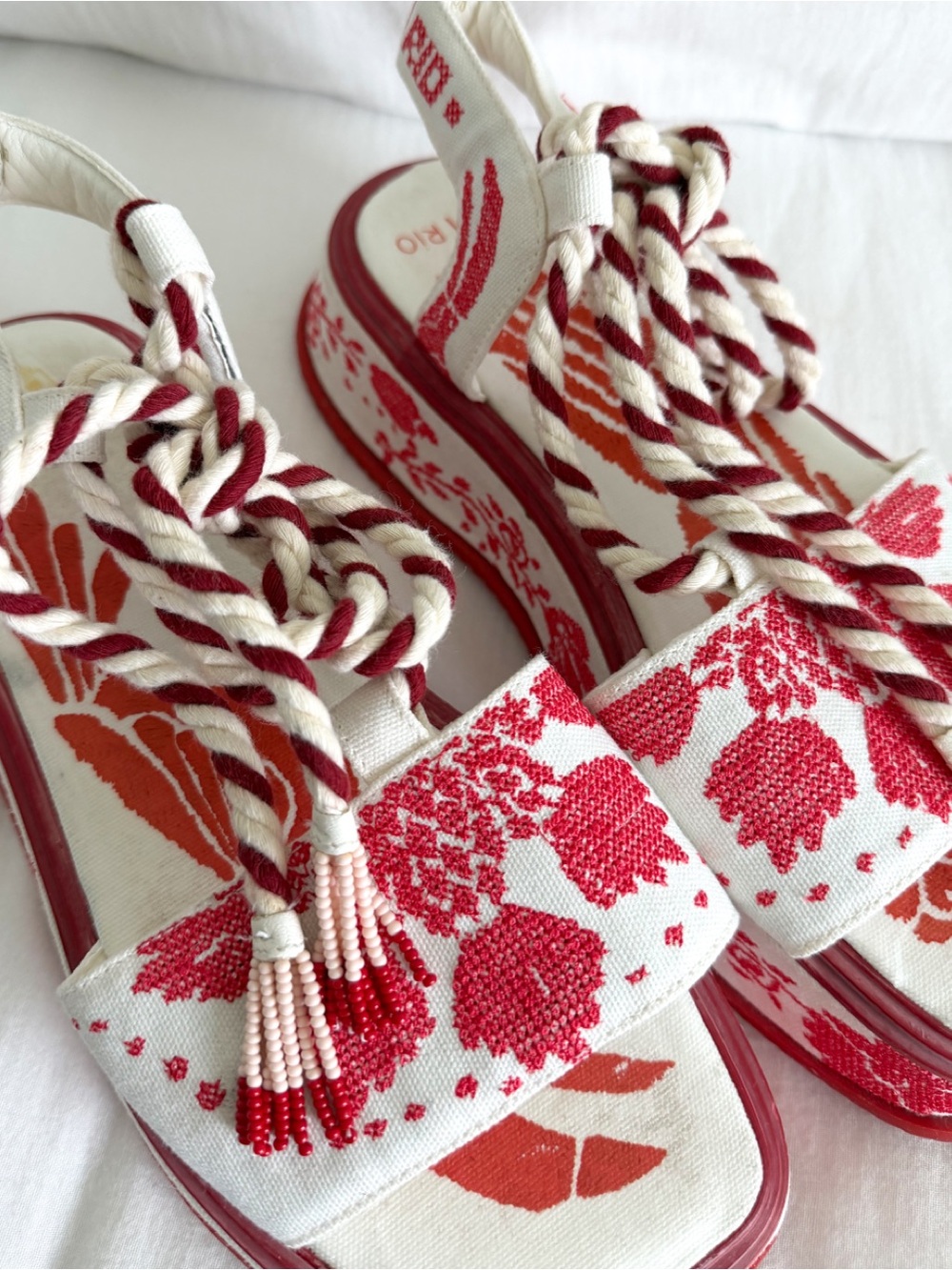 Farm Rio Red & White Embroidered Platform Sandal - Picture 5 of 8